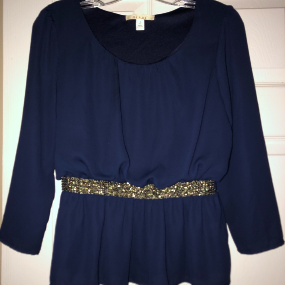 Navy blue chiffon Belleau Peplum Blouse